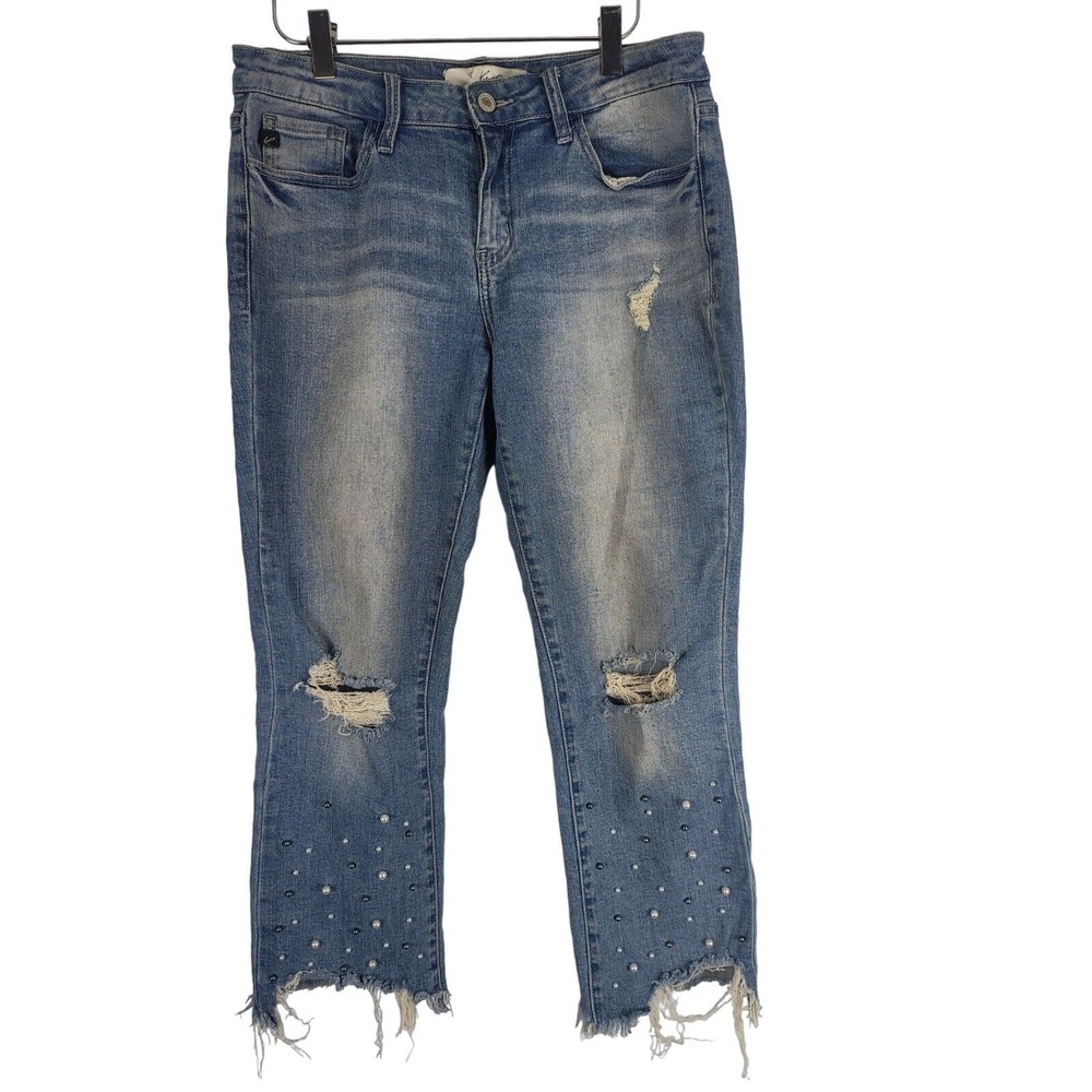 Kancan Jeans 5 Womens Mid Rise Beaded Raw Hem Medium‎ Wash Blue Bottoms
